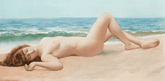 9。约翰·威廉·格威德(John William Godward)《裸体海滩上》