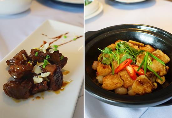 左:宫廷文火炜小牛肉,右:生啫鳕鱼粒