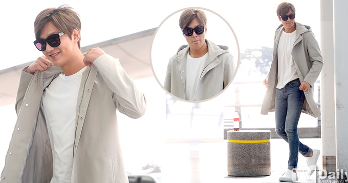 组图：李敏镐帅气赴香港 机场吐舌现酒窝