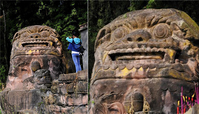 呆萌中国第一石狮 鼻孔上方早被刻字