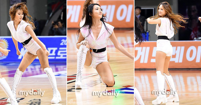 组图：韩国篮球宝贝跪地热舞 穿高叉连体衣助兴