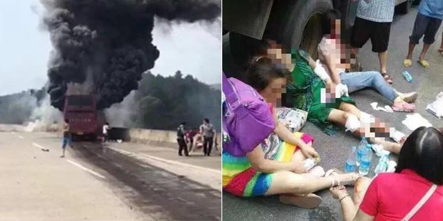 湖南大巴起火:烧成空架