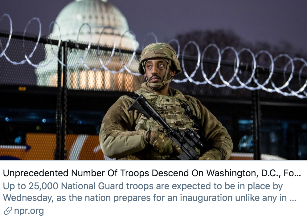 为了拜登的就职典礼，大约2.5万名士兵将被调派至华盛顿特区。/ 美国国家公共电台报道截图