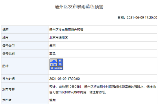 【亚博APP】北京通州区公布暴雨蓝色预警 低高地区可能呈现积水(图1) 【亚博APP】北京通州区公布暴雨蓝色预警 低高地区可能呈现积水(图1)