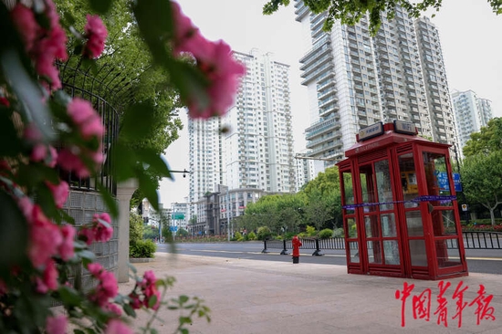 5月3日，上海市黄浦区，“电话亭女士”曾暂住的电话亭，位于海华小学门口的马路边。中青报·中青网记者 李强/摄