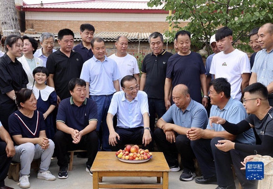 6月21日，中共中央政治局常委、国务院总理李克强在河北高碑店、涿州考察。这是李克强来到高碑店大铺村，察看晾晒的小麦后，与村民围坐交谈。 新华社记者 刘卫兵 摄