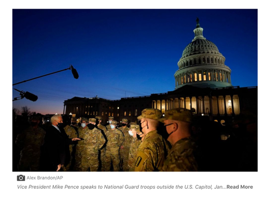 美国副总统彭斯在国会大厦附近会见国民警卫队士兵。/ 美国广播公司网站截图