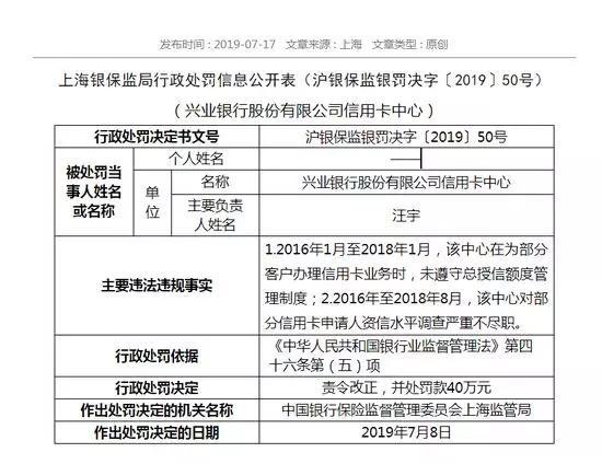 (兴业银行信用卡中心罚单)