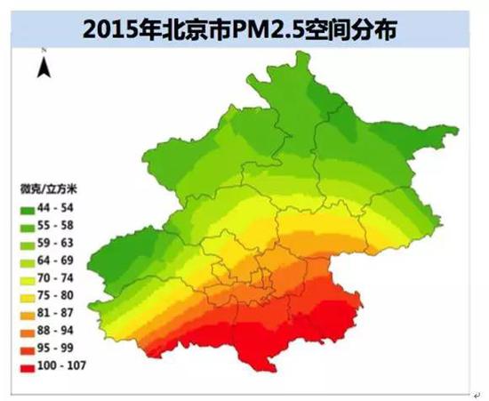 北京市环保监测中心发布的2015年北京PM2.5浓度空间分布图