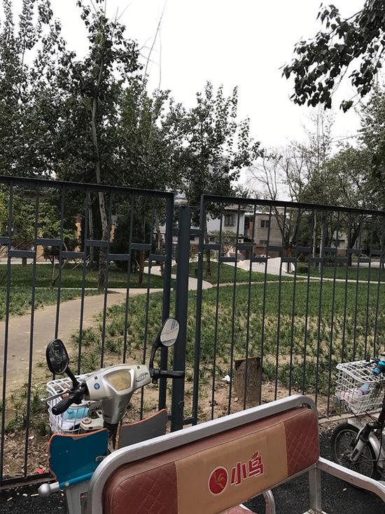 透过公园外面的栅栏隐约看得见“癌症旅馆”。澎湃新闻记者 袁璐 图