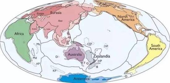 图中灰色部分为Zealandia的地理方位