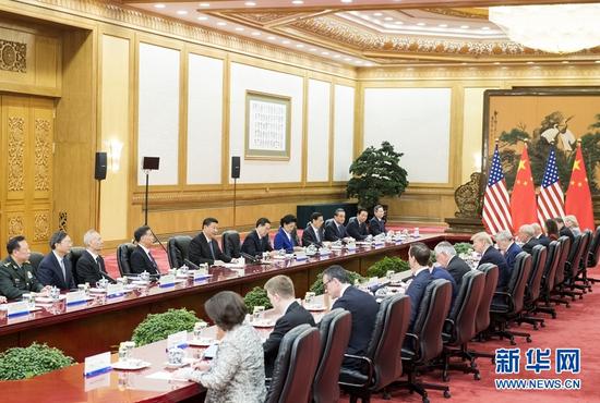 11月9日，国家主席习近平在人民大会堂同美国总统特朗普举行会谈。新华社记者李学仁摄