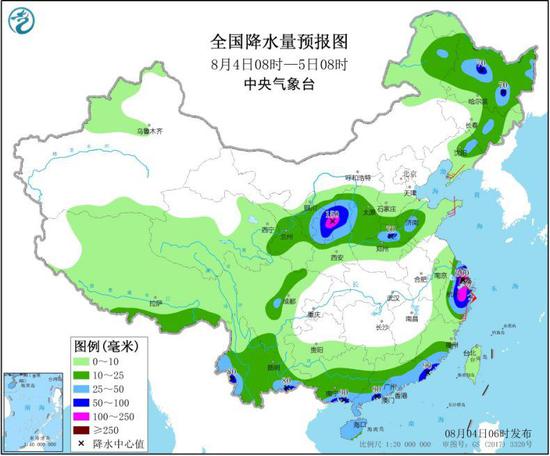 图1 全国降水量预报图(8月4日08时-5日08时)