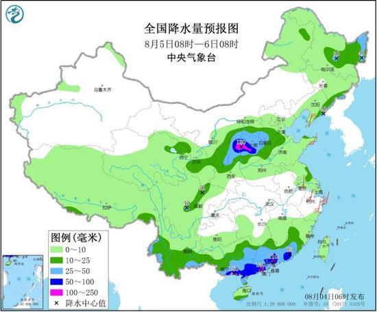 图2 全国降水量预报图(8月5日08时-6日08时)