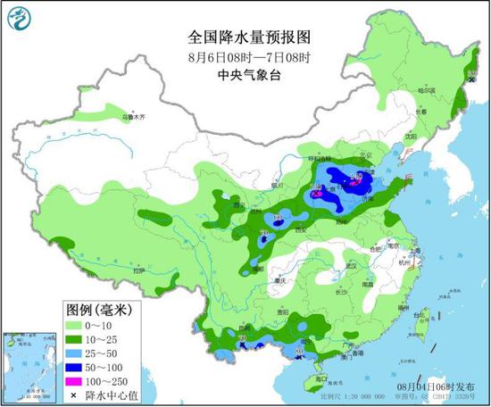 图3 全国降水量预报图(8月6日08时-7日08时)