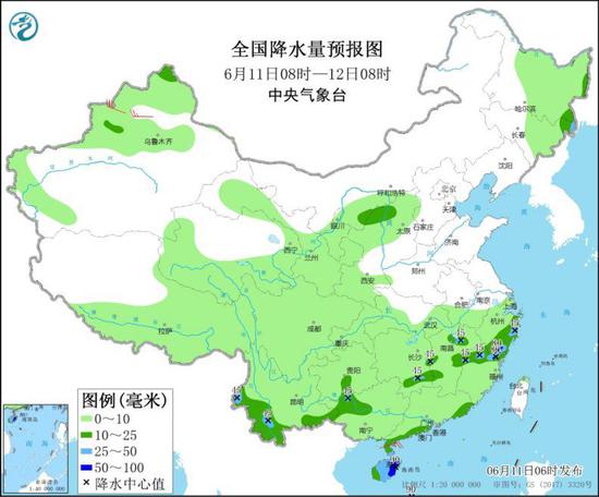 图1 全国降水量预报图(6月11日08时-12日08时)