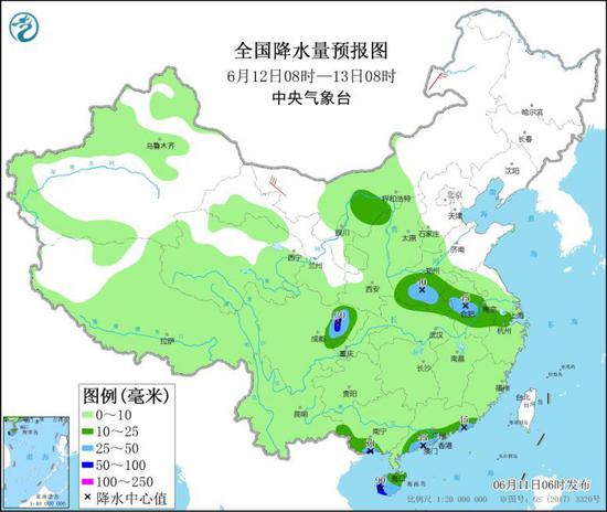 图2 全国降水量预报图(6月12日08时-13日08时)