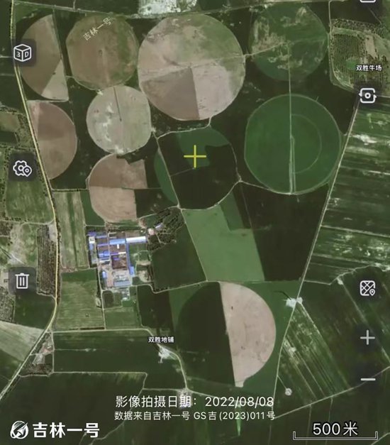 張文軍等人承包的雙勝農場衛星圖，因採取旋轉式噴灌設備，所以地塊呈圓形。