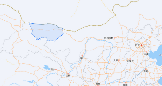 ▲ 图中蓝色区域为额济纳旗(截取自百度地图)