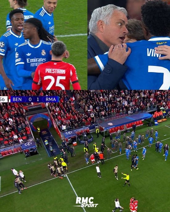 “闹剧”！维尼修斯被歧视比赛暂停、穆帅被罚下、球迷投掷电子烟