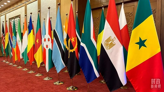 △东大厅内，中国和53个非洲国家国旗以及非洲联盟旗帜组成的旗阵。（总台央视记者范一鸣拍摄）