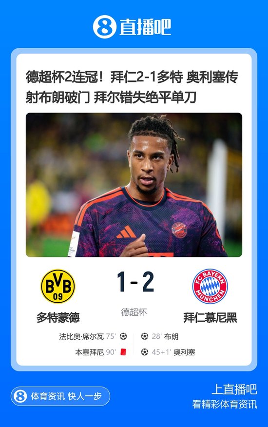德超杯2连冠！拜仁2-1多特 奥利塞传射、布朗破门 拜尔错失绝平单刀
