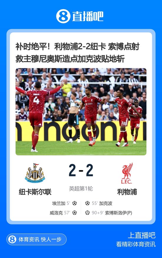 补时绝平！利物浦2-2纽卡 索博点射救主 穆尼奥斯造点 加克波贴地斩