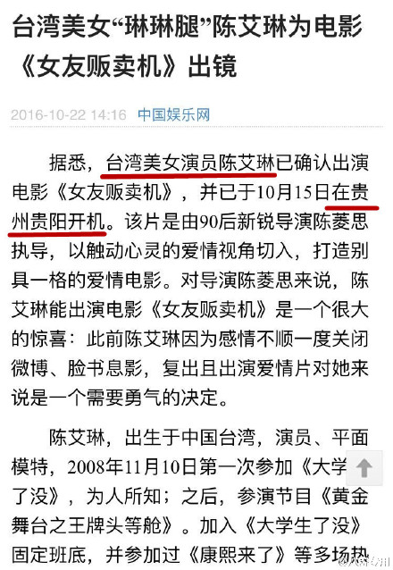 台湾女艺人陈艾琳两年前在facebook上发表TD言论