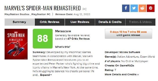 《漫威蜘蛛侠：复刻版》PC版媒体评分解禁 Metacritic均分88