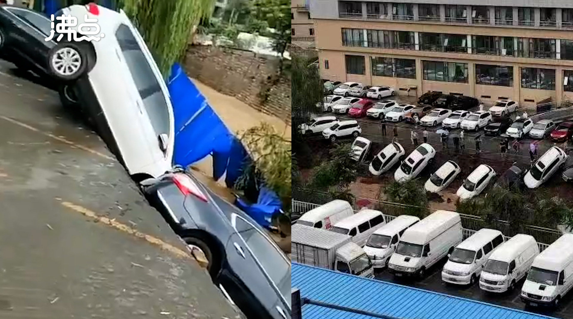 济南大雨多台小车险坠河