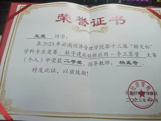 王坚参赛获奖证书