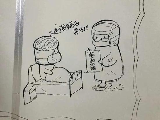 【大医二院雷神山医疗队的护士刘玉休班时所作墙画】