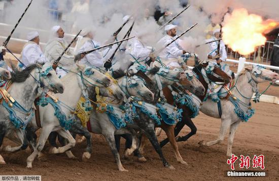 资料图：摩洛哥骑兵表演精彩骑术。