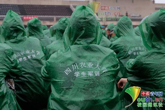 定制雨衣背后特别印着“四川农业大学 学生军训”字样。中国青年网通讯员 魏博辰 摄