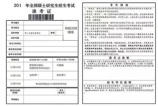 注:此图片来源于往年准考证,2019考研准考证以实际情况为准哦~