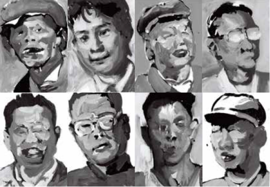 《老脸》系列之三 素描，作者：王宁 　　上：游商、售货员、采购员、放映员， 　　下：文艺工作者、武术大师、运动员、民兵
