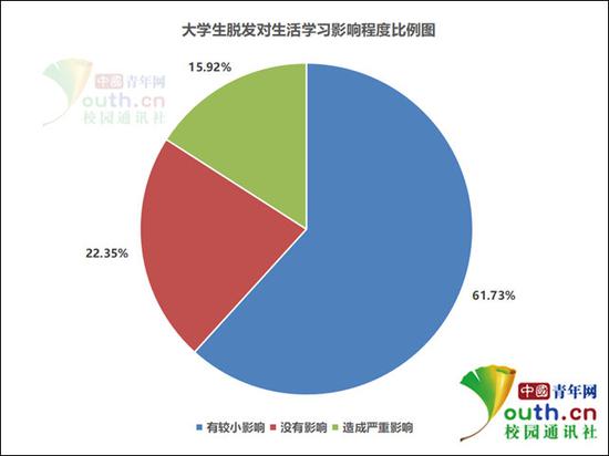 大学脱发对生活学习影响程度比例。中国青年网记者 李华锡 制图