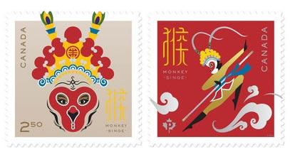 猴年大吉:加拿大邮政公布猴年主题邮票(双语)