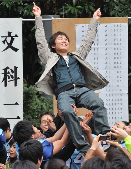 日本东京,考生在东京大学查看入学考试结果。东京大学是日本最知名的大学之一。视觉中国供图(资料图片)