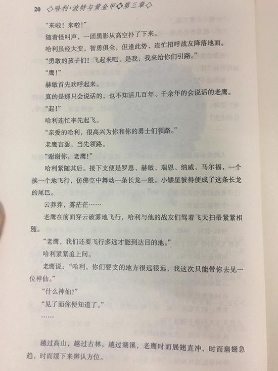 老鹰说：“哈利，你们要支的地方很远很远，我这次只能带你去见一位神仙。”“什么神仙？”“见了面你便知道了。”