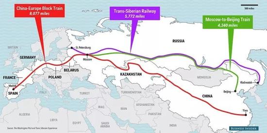 ▲ 红线表示从中国义乌开往西班牙的中欧列车路线