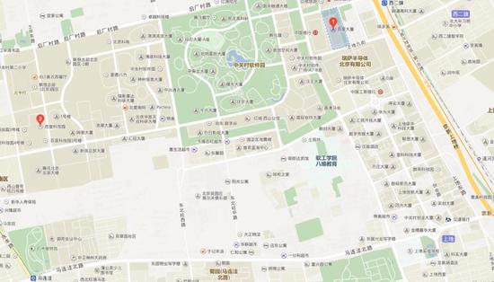 红点1是百度大厦，红点2是百度科技园，在图右下角，就是上地实验小学。