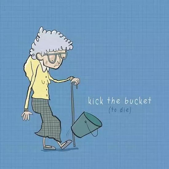 ▲Kick the bucket 踢水桶。古人行刑时脚下会垫水桶,把水桶踢掉,就代表着死亡的到来。(画面有点忧伤呢~)