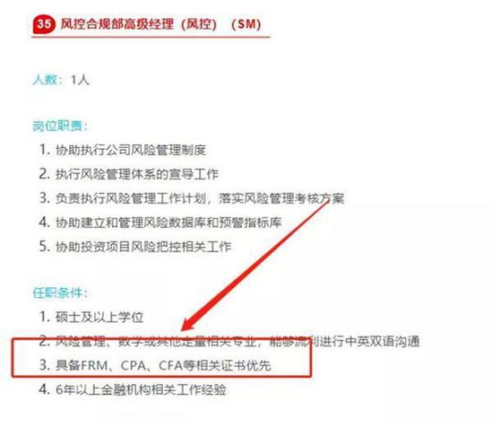 觉得出任副总裁有些目标遥远，在说个近点的，同样要求具备FRM等相关证书。