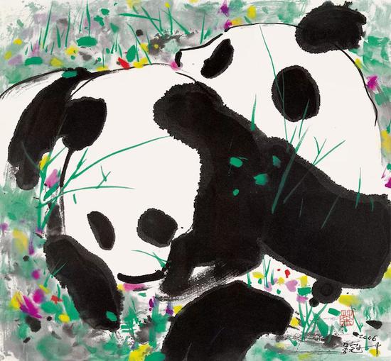 《熊猫》，吴冠中，水墨设色，44x48cm，2006年