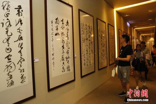 图为一名游客正在参观书画展览。中新社记者 陈小愿 摄