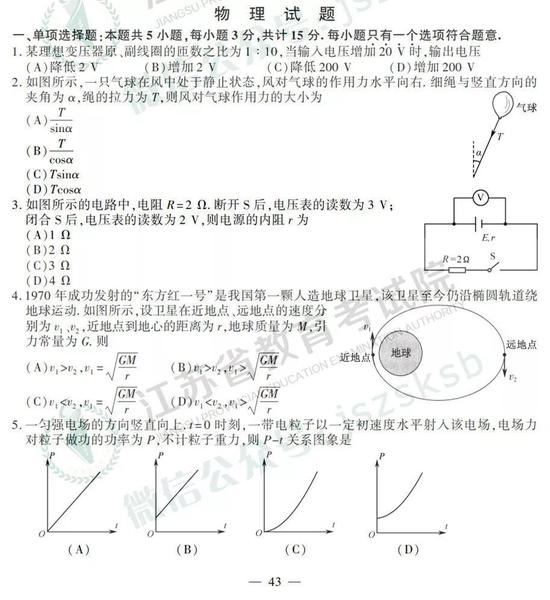 2019年高考物理真题及参考答案(江苏卷)