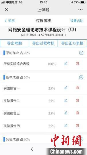 “上课啦”APP截图显示学生成绩组成。 杭电提供 摄