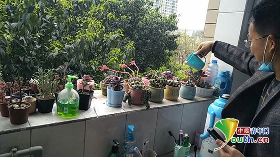 图为宿管工作人员正在为学生浇花。受访者供图