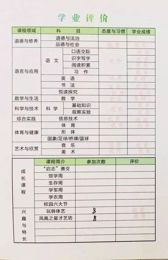 凤凰小学某学生期末学业评价表